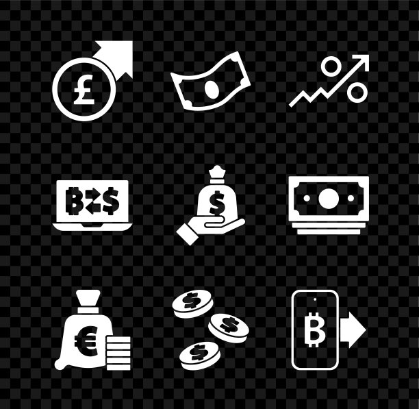 Set Financial growth and pound, Stacks paper money cash, Percent up arrow, Coin with euro symbol, dollar, Mining bitcoin from mobile, Cryptocurrency exchange和手持包图标。向量图片下载