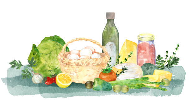 水彩橄榄油和新鲜食物图片下载