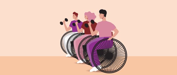 包容性社区哑铃，包容性运动，平面矢量图库，残疾人运动员在轮椅上一起作为残疾人康复，积极的人图片下载