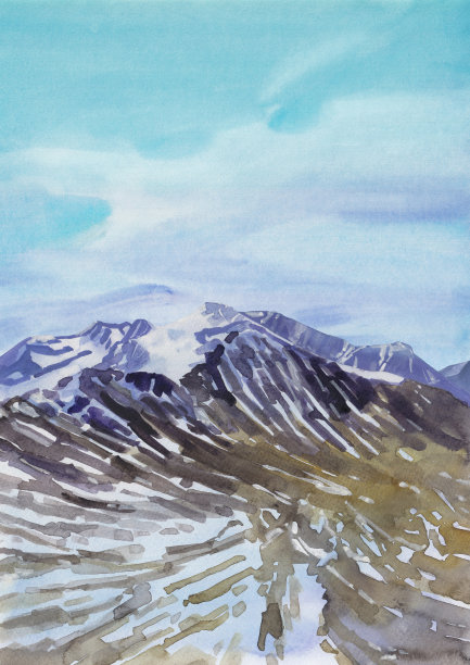水彩雪山景观。冰河时代的手绘插图图片下载