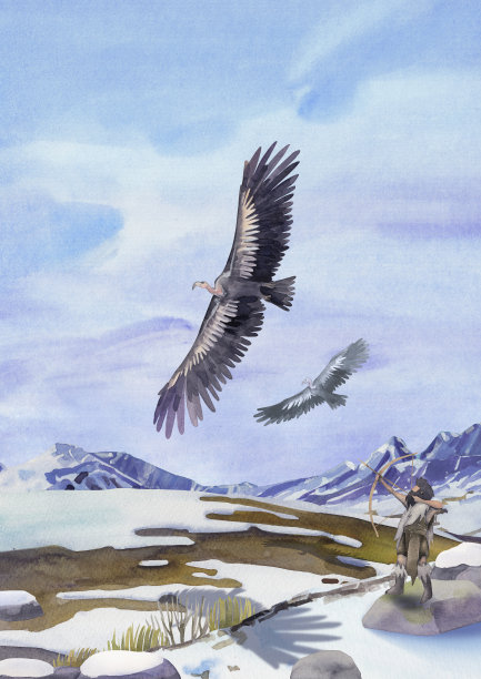 水彩场景的原始弓箭手狩猎在两个terator图片下载