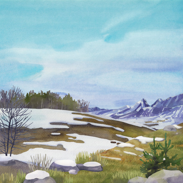 水彩雪山景观。冰河时代的手绘插图图片下载