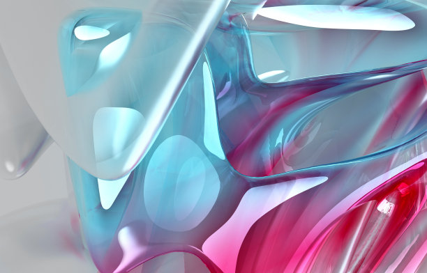 抽象艺术3d渲染3d背景与部分超现实光滑的塑料物体在曲线波浪式优雅有机线条形成透明材料绘制在天蓝色紫色和灰色梯度颜色图片下载