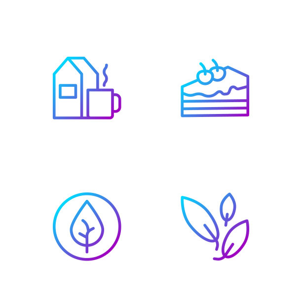 茶叶，一杯牛奶茶和一块蛋糕。渐变颜色图标。向量图片下载