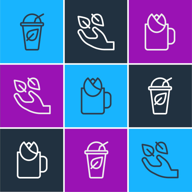 设置“茶叶杯”、“玫瑰杯”、“茶手”图标。向量图片下载