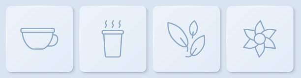 设置线杯茶，茶叶和花。白色正方形按钮。向量图片下载