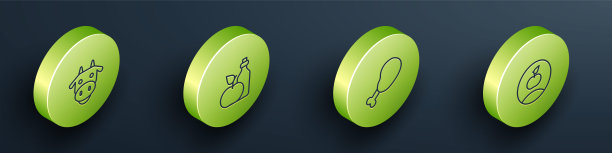 设置等距线牛头，苹果醋瓶，鸡腿和图标。向量图片下载