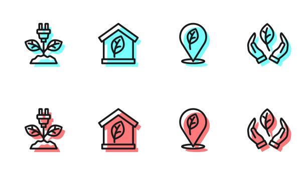 设置线路位置与叶片，节电插头，环保房屋和叶片手图标。向量图片下载