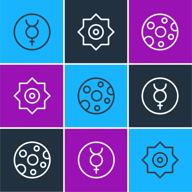 设置线条符号水星，满月和陨星图标。向量图片下载