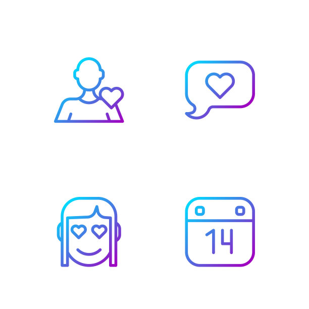 设定线日历与2月14日，浪漫的女孩，和心在讲话泡泡。渐变颜色图标。向量图片下载