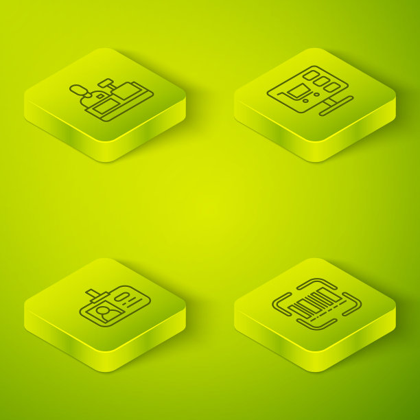 在电脑上设置等距线购物车，标识牌，扫描仪扫描条形码和收银机图标。向量图片下载