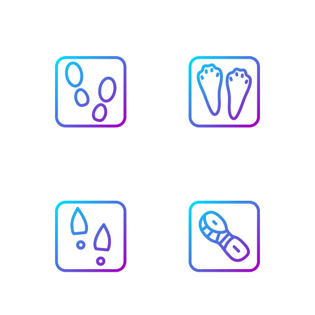 鞋、兔、兔爪、人的脚印。渐变颜色图标。向量图片下载