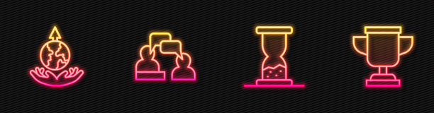 古老的沙漏，世界扩张，两个坐着的男人聊天和奖杯。发光的霓虹灯图标。向量图片下载