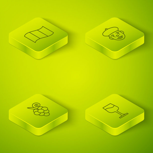 设置等距线法国哑剧，葡萄水果，酒杯和国旗法国图标。向量图片下载