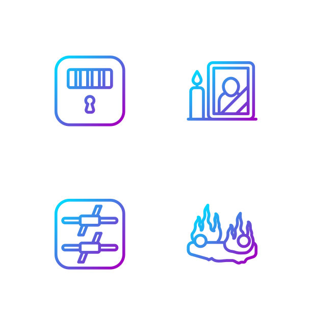 燃烧的汽车带刺铁丝网监狱牢房门及悼念相框图标图片下载