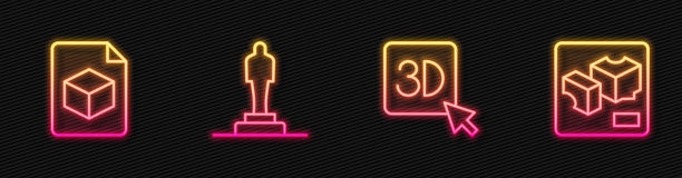 设置线条3D打印机，等距立方体文件，模型和。发光的霓虹灯图标。向量图片下载