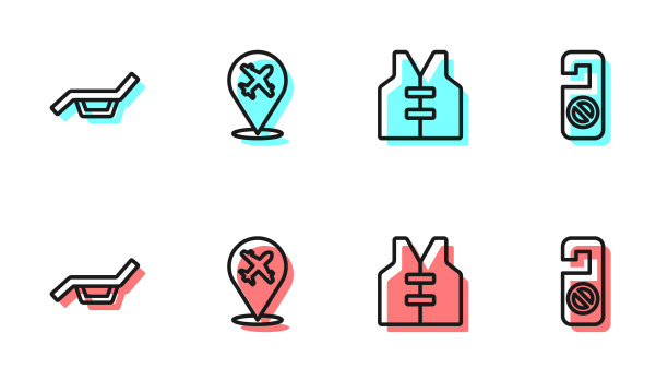 设置救生衣、日光浴床和伞、飞机和请勿打扰图标。向量图片下载