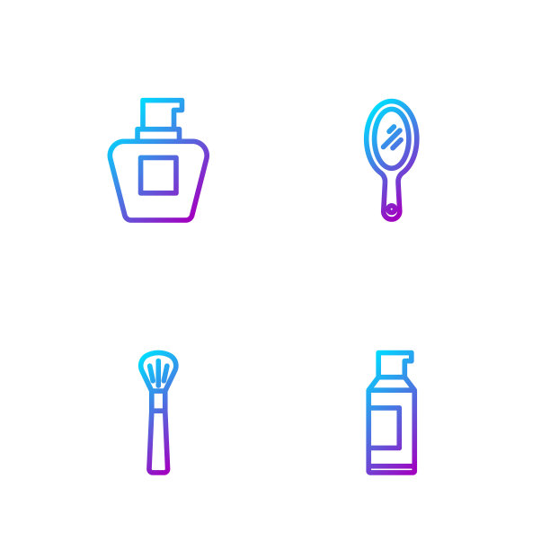 可配置发胶喷雾器、化妆刷、乳霜、化妆管、手镜等。渐变颜色图标。向量图片下载