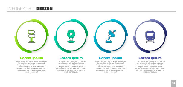设置道路交通标志、星形地图指针、雷达和火车。业务信息模板。向量图片下载