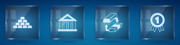 金条、银行大楼、货币兑换和奖章方形玻璃面板矢量素材图片下载