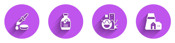 设置移液器，药瓶和药丸，基本的几何形状和电站图标与长阴影。向量图片下载