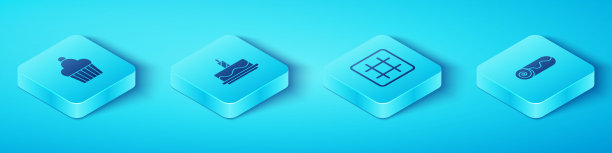 设置等距蛋糕，燃烧蜡烛，巧克力卷蛋糕和华夫饼图标。向量图片下载