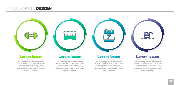 设置哑铃，卧室，酒店预订日历和游泳池。业务信息模板。向量图片下载