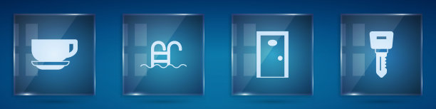 设有咖啡杯、游泳池、酒店门及门锁。方形玻璃面板。向量图片下载