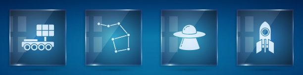设置火星探测车、大熊星座、飞碟飞行飞船和火箭。方形玻璃面板。向量图片下载
