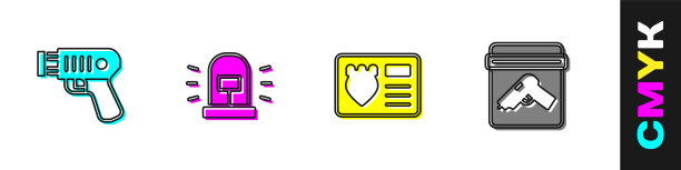 设置警用电击器，闪光警报器，带身份证的徽章和证据袋枪图标。向量图片下载