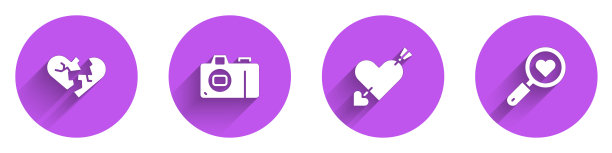 设置破碎的心或离婚，照片相机，爱情和箭头和搜索爱情图标与长影子。向量图片下载