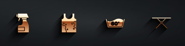 设置清洁喷雾瓶，脏t恤，温度洗涤和烫衣板图标长阴影。向量图片下载