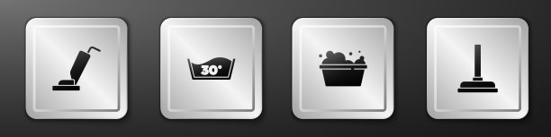 设置真空吸尘器，温度洗涤，带肥皂泡沫的盆和橡胶柱塞图标。银广场按钮。向量图片下载