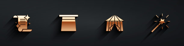 设置古老的魔术书，魔术帽，马戏团帐篷和魔杖图标与长影子。向量图片下载