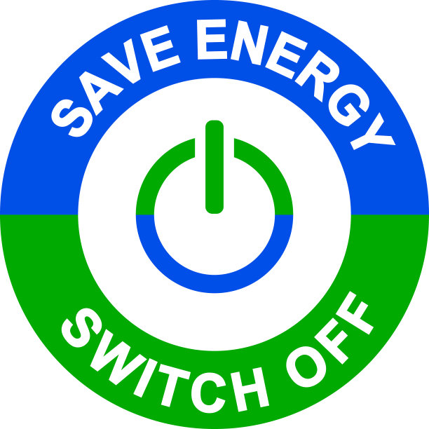 节约能源，关机。绿色和蓝色圆形徽章与文本和开关电源按钮图标。图片下载