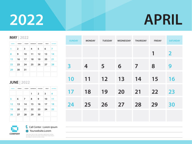 日历2022年模板，2022年4月，台历2020矢量，蓝色，周日开始，挂历设计，样本规划，文具，海报，印刷媒体，尺寸:8 x 6英寸图片下载