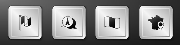 设置国旗法国，埃菲尔铁塔，和地图的图标。银广场按钮。向量图片下载