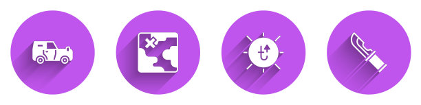 出发公路汽车，非洲狩猎地图，太阳和猎人刀图标与长阴影。向量图片下载