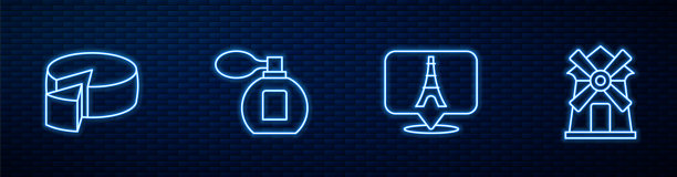设置埃菲尔铁塔，奶酪，香水和风车线。砖墙上闪烁的霓虹灯图标。向量图片下载