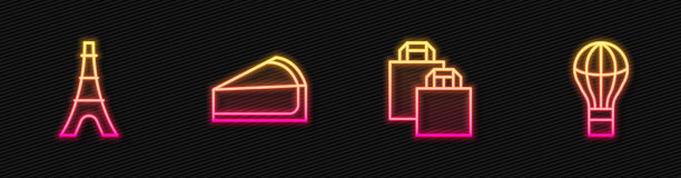纸袋，埃菲尔铁塔，樱桃芝士蛋糕片，热气球。发光的霓虹灯图标。向量图片下载