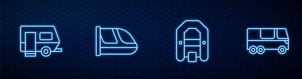 设有漂流艇、房车露营拖车、火车、铁路和公共汽车。砖墙上闪烁的霓虹灯图标。向量图片下载