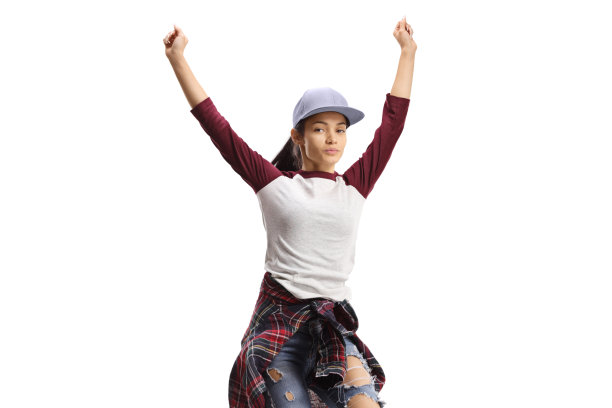 少女跳跃，举起手臂图片下载