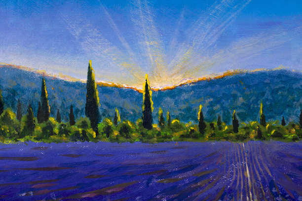 油画作品以法国普罗旺斯的自然景观为艺术背景，画有紫罗兰薰衣草田、黄色太阳花、高大的柏树和山上的太阳。云画莫奈花纹理艺术背景。图片下载