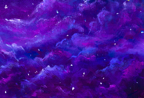 粉红色、紫色、蓬松的云朵在星空的空间里，梦幻般的油画。概念抽象图画在画布上描绘童话夜晚的背景图片下载