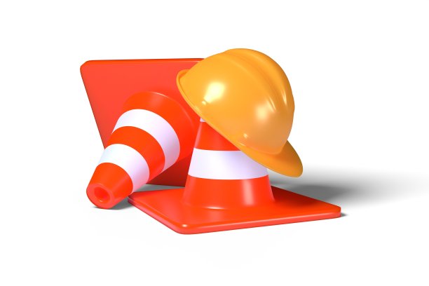 3d渲染插图橙色塑料交通锥和黄色工人帽孤立在白色背景上。现实的橙色道路锥体与条纹图标。建筑工人的头盔。保护建筑工人。图片下载