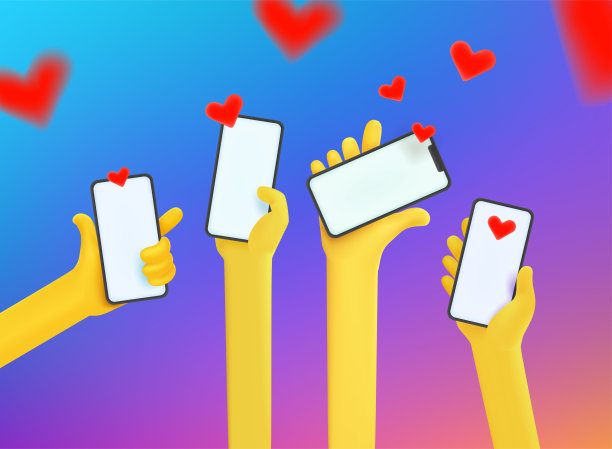 一群拥有智能手机和爱心的人。爱的概念漫画3d风格矢量插图图片下载