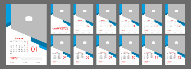 长城月历2022。简单的每月垂直照片日历布局，2022年英语。封面日历，12个月的模板。一周从星期一开始。矢量图图片下载