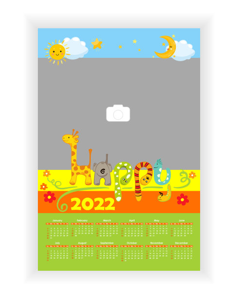 挂历2022。简单，多彩，宝宝生日，节日垂直照片日历模板与卡通人物。2022年日历设计英文版。一周从周日开始。矢量图图片下载
