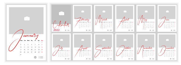 长城月历2022。简单的每月垂直照片日历布局，2022年英语。封面日历，12个月的模板。一周从星期一开始。矢量图图片下载
