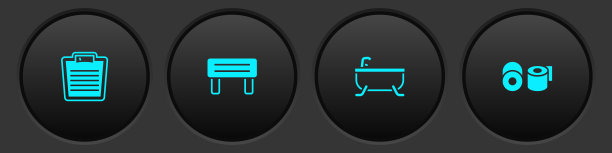 设置浴室磅秤、桑拿木凳、浴缸和厕纸卷图标。向量图片下载